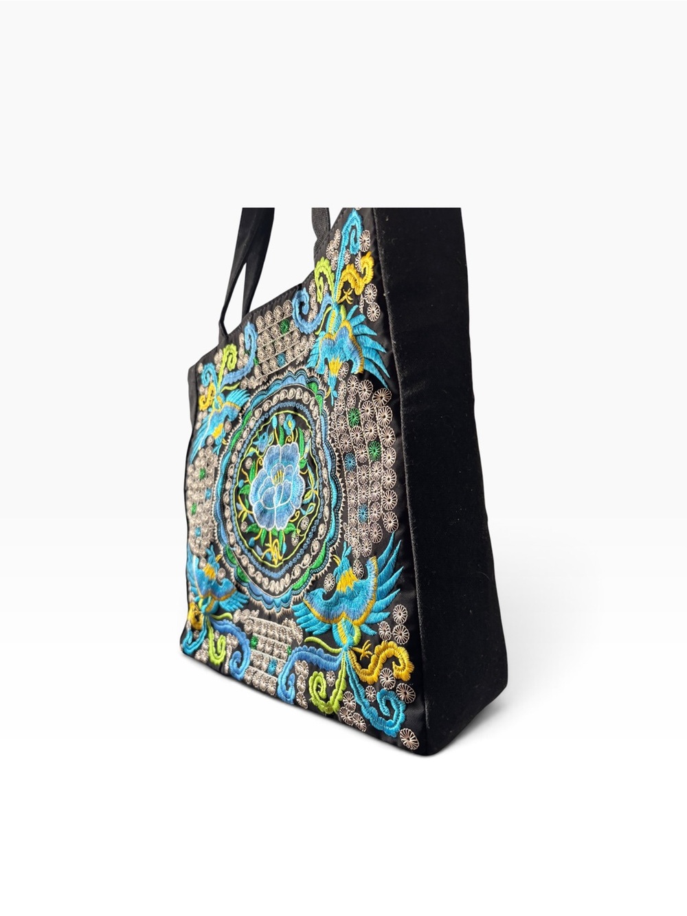Embroidered Peacock & Floral Black Tote Bag – Boho Statement Shopper 17” x 13” - Picture 4 of 6